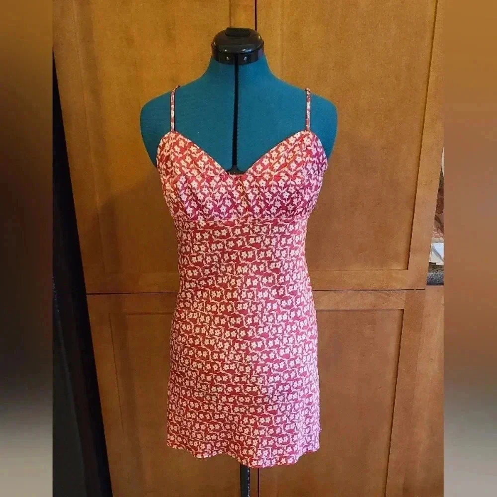 Free People Red Floral Slip Dress Mini Cherry Print Spaghetti Strap Size Large - Picture 6 of 12